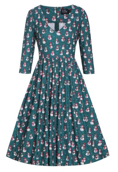 Billie Dark Green V-neckline Snowman Print Long-Sleeved Dress – Dresses | Kitty Darling