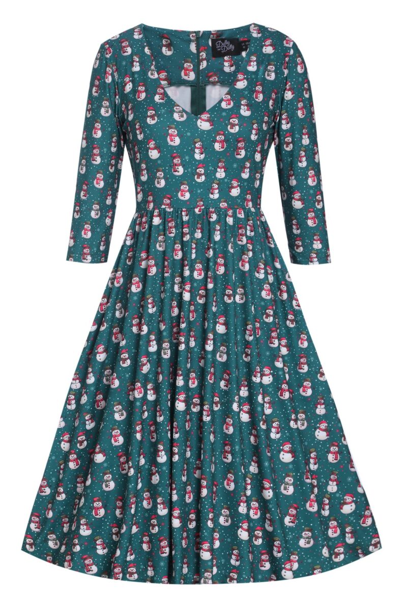 Billie Dark Green V-neckline Snowman Print Long-Sleeved Dress  Shop now at Kitty Darling