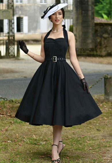 Daisy Vintage Charm Black Halter Dress with Belt – Dresses | Kitty Darling