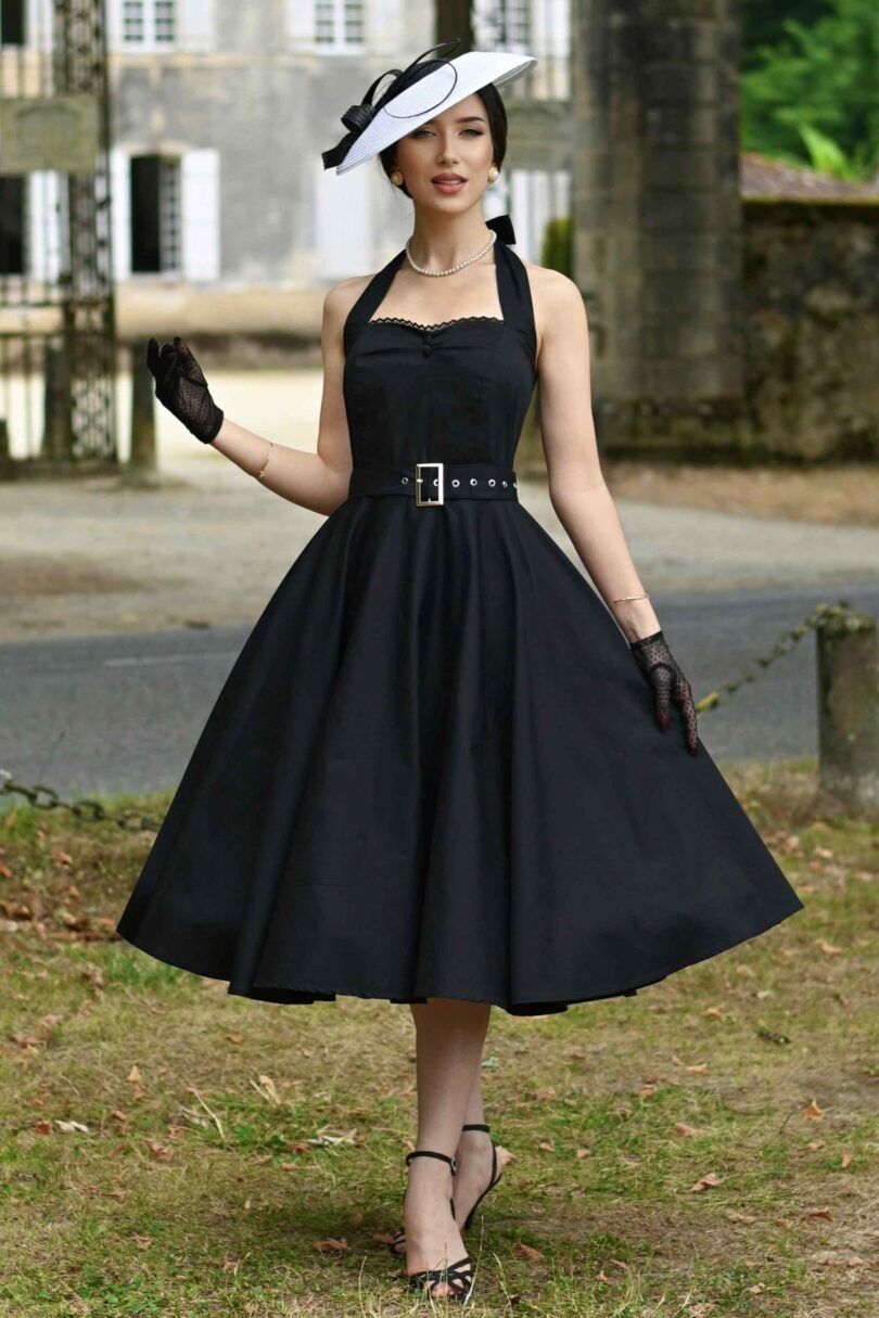 Daisy Vintage Charm Black Halter Dress with Belt  Shop now at Kitty Darling