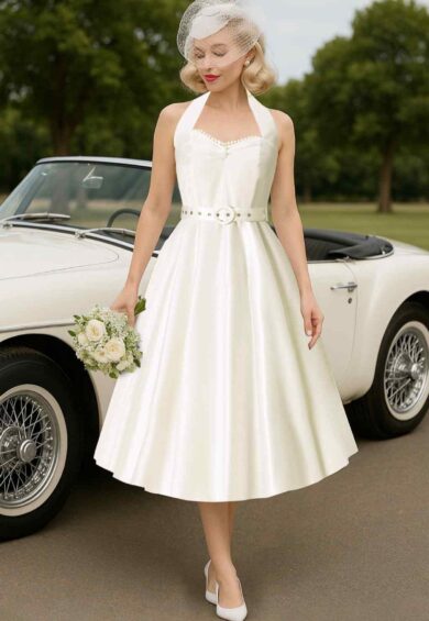 Daisy White Satin Halter Dress – Dresses | Kitty Darling