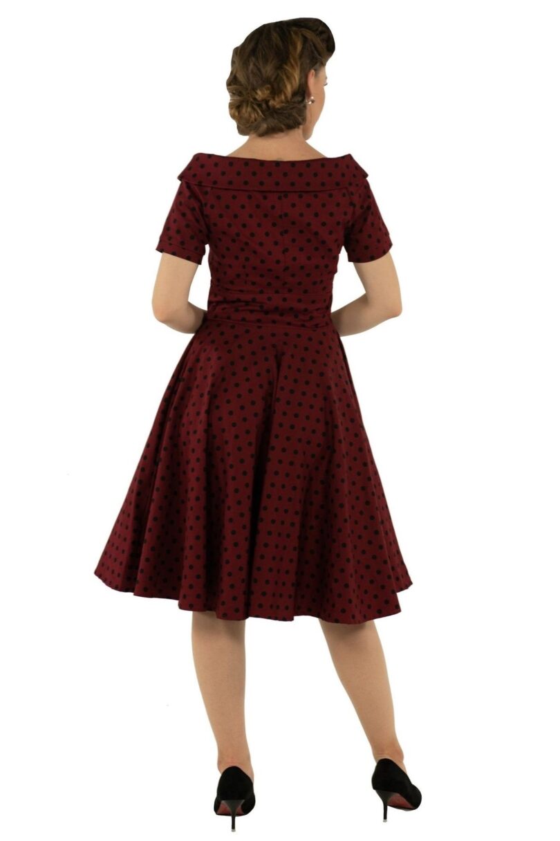 Darlene Retro Burgundy Polka Dot Swing Dress  Shop now at Kitty Darling