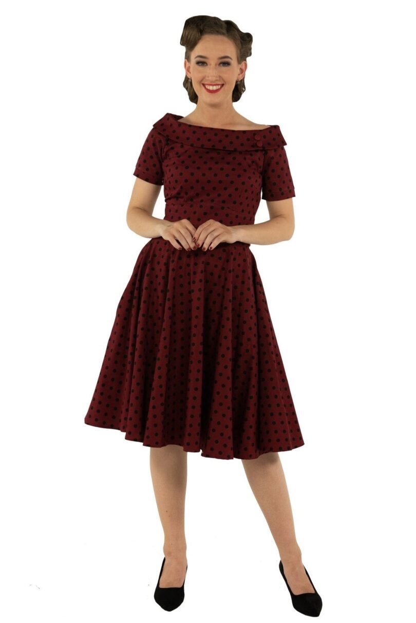 Darlene Retro Burgundy Polka Dot Swing Dress  Shop now at Kitty Darling