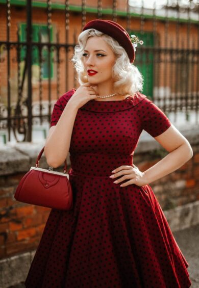 Darlene Retro Burgundy Polka Dot Swing Dress – Dresses | Kitty Darling