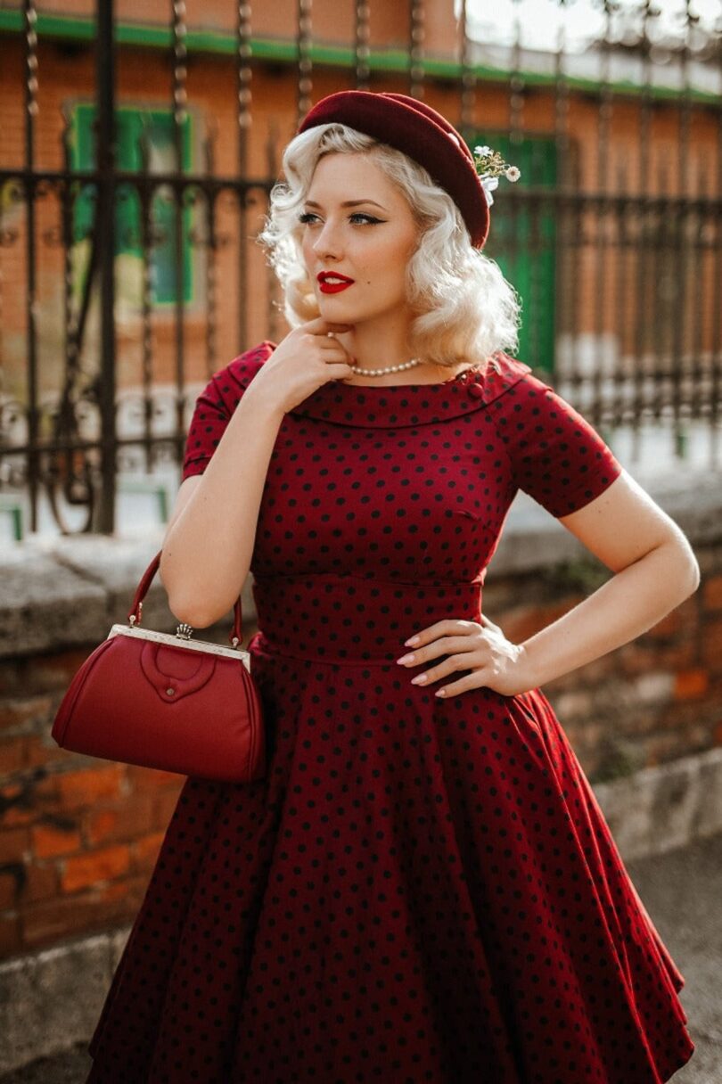 Darlene Retro Burgundy Polka Dot Swing Dress  Shop now at Kitty Darling