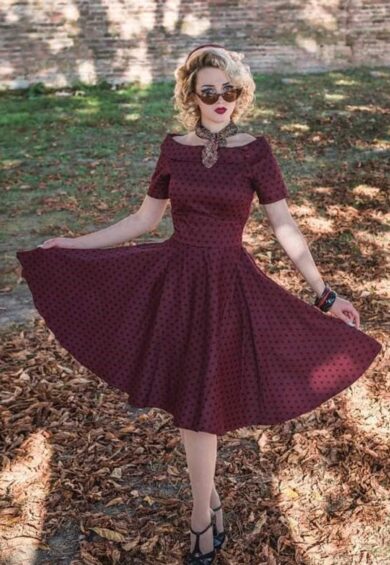 Darlene Retro Burgundy Polka Dot Swing Dress – Dresses | Kitty Darling