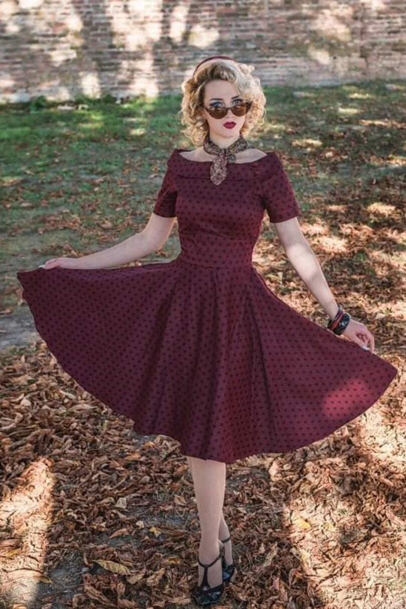 Darlene Retro Burgundy Polka Dot Swing Dress  Shop now at Kitty Darling