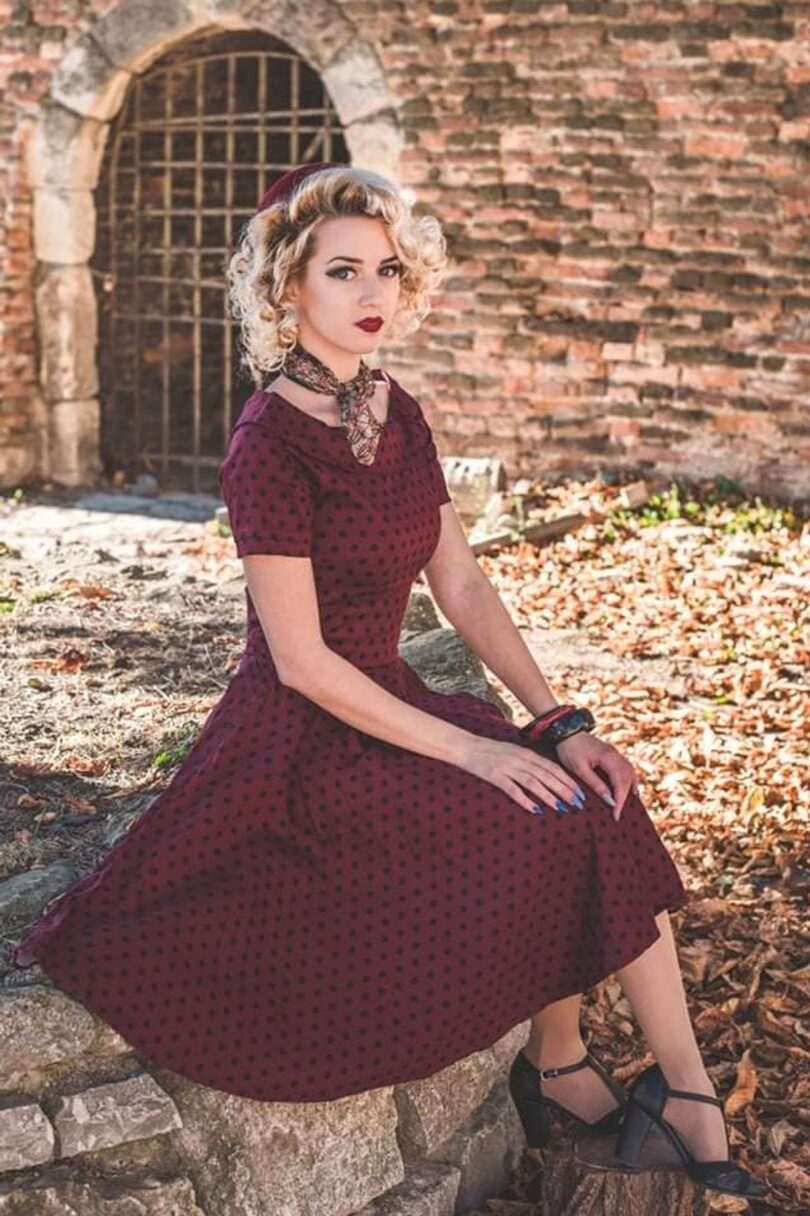 Darlene Retro Burgundy Polka Dot Swing Dress  Shop now at Kitty Darling