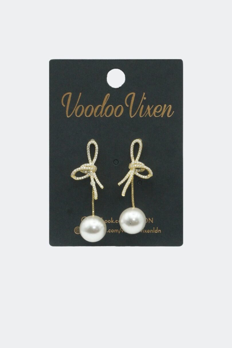 Diamante Bow And Pearl Drop Earrings  Shop now at Kitty Darling