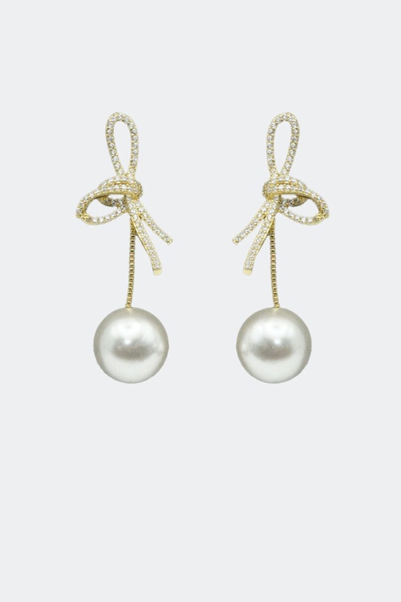 Diamante Bow And Pearl Drop Earrings  Shop now at Kitty Darling