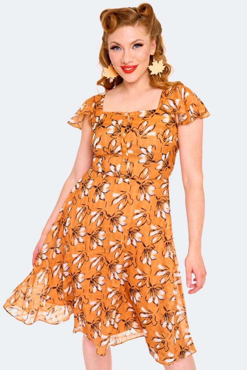 Floral Orange Flare Dress  Shop now at Kitty Darling