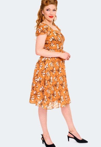 Floral Orange Flare Dress – Dresses | Kitty Darling