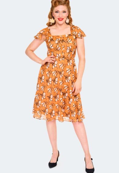 Floral Orange Flare Dress – Dresses | Kitty Darling