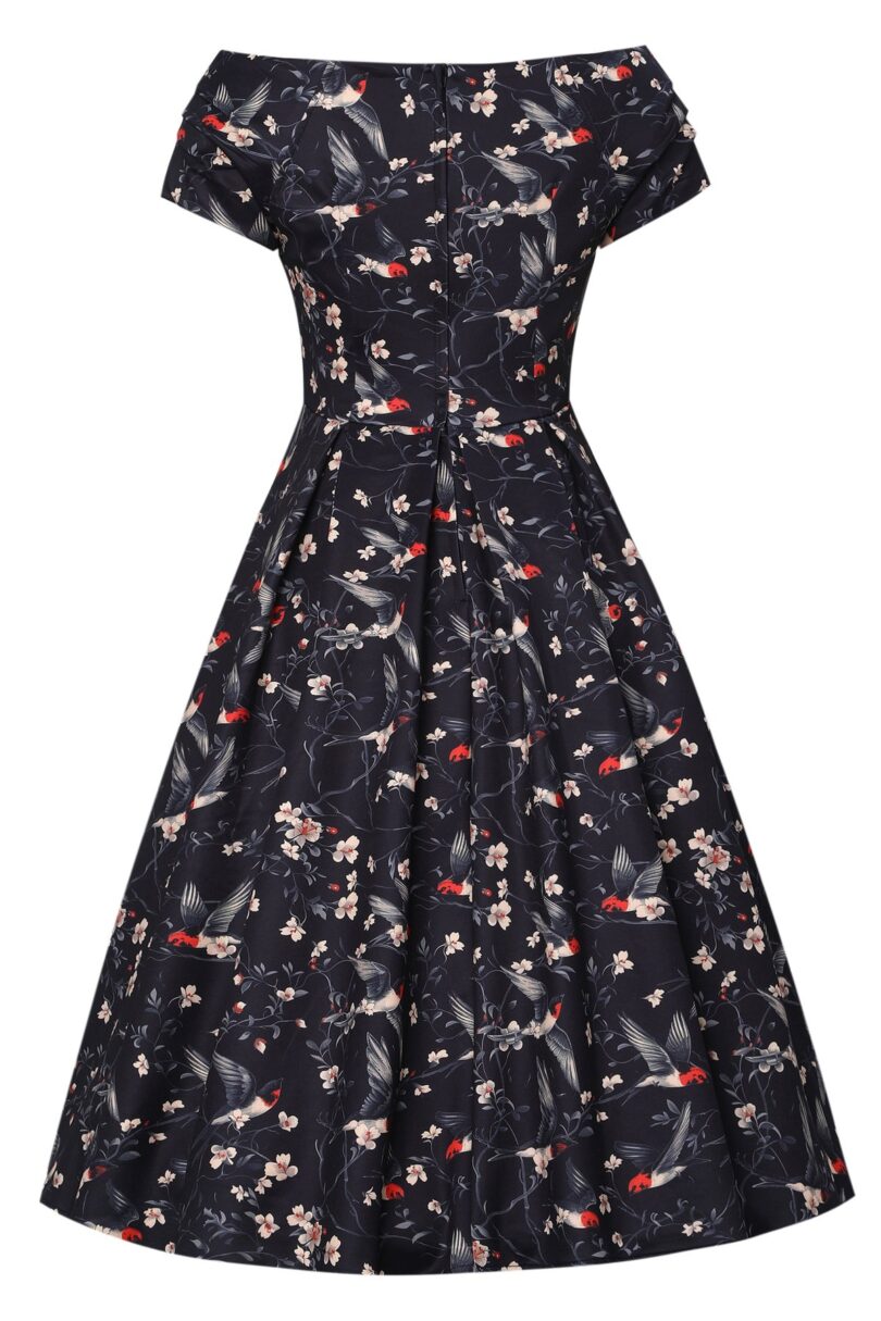 Lily Black Off Shoulder Swallow Print Dress  Shop now at Kitty Darling