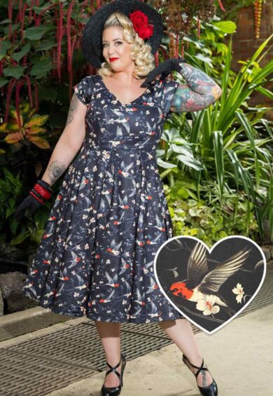 Lily Black Off Shoulder Swallow Print Dress – Dresses | Kitty Darling