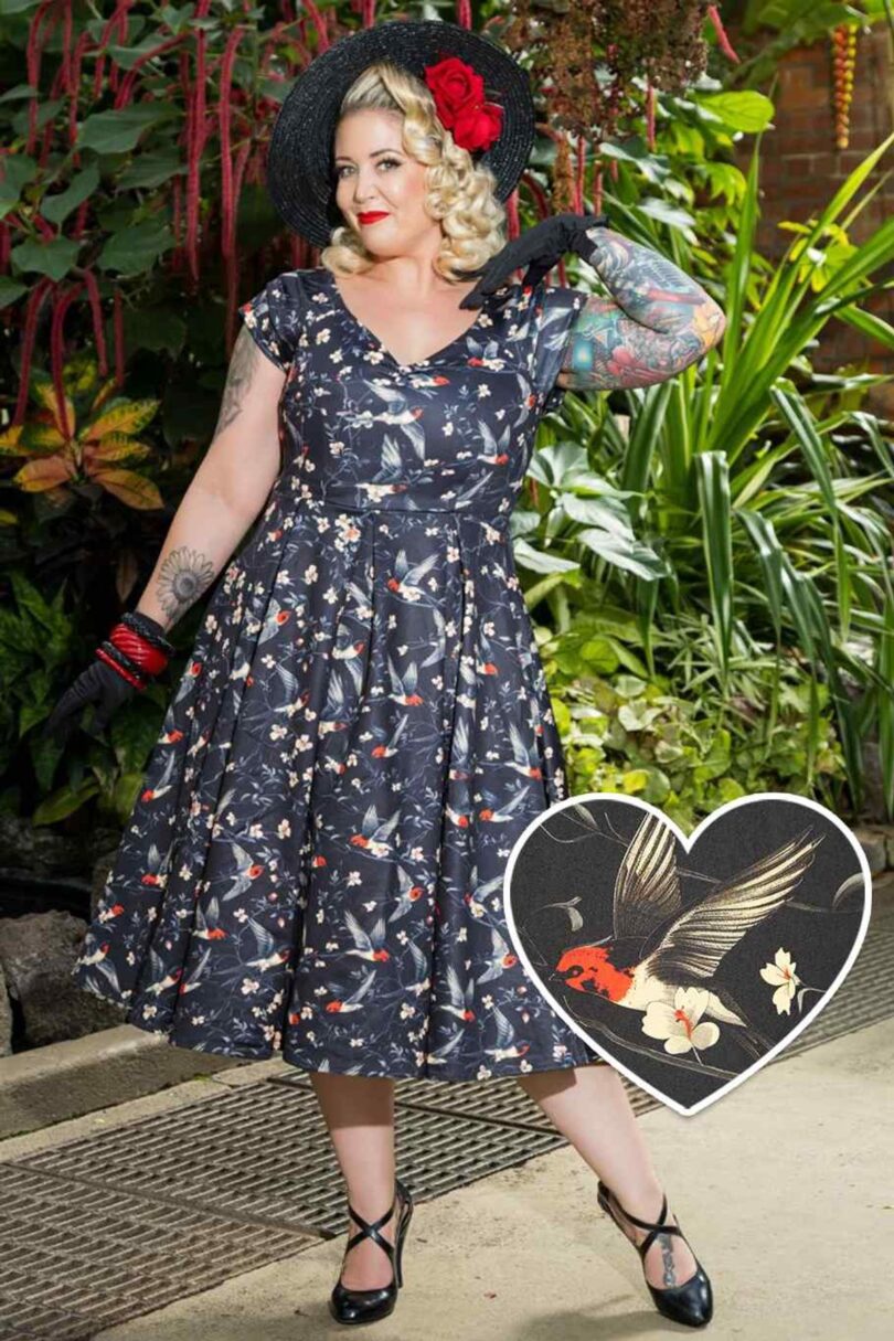 Lily Black Off Shoulder Swallow Print Dress  Shop now at Kitty Darling