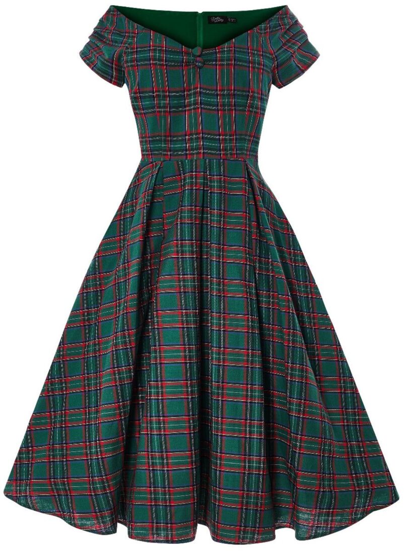 Lily Green Tartan Off Shoulder Swing Dress  Shop now at Kitty Darling