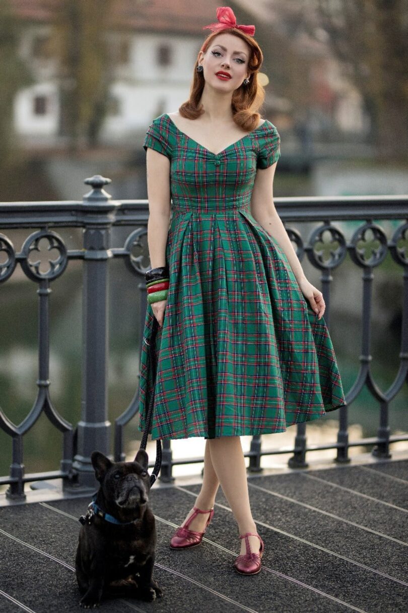 Lily Green Tartan Off Shoulder Swing Dress  Shop now at Kitty Darling