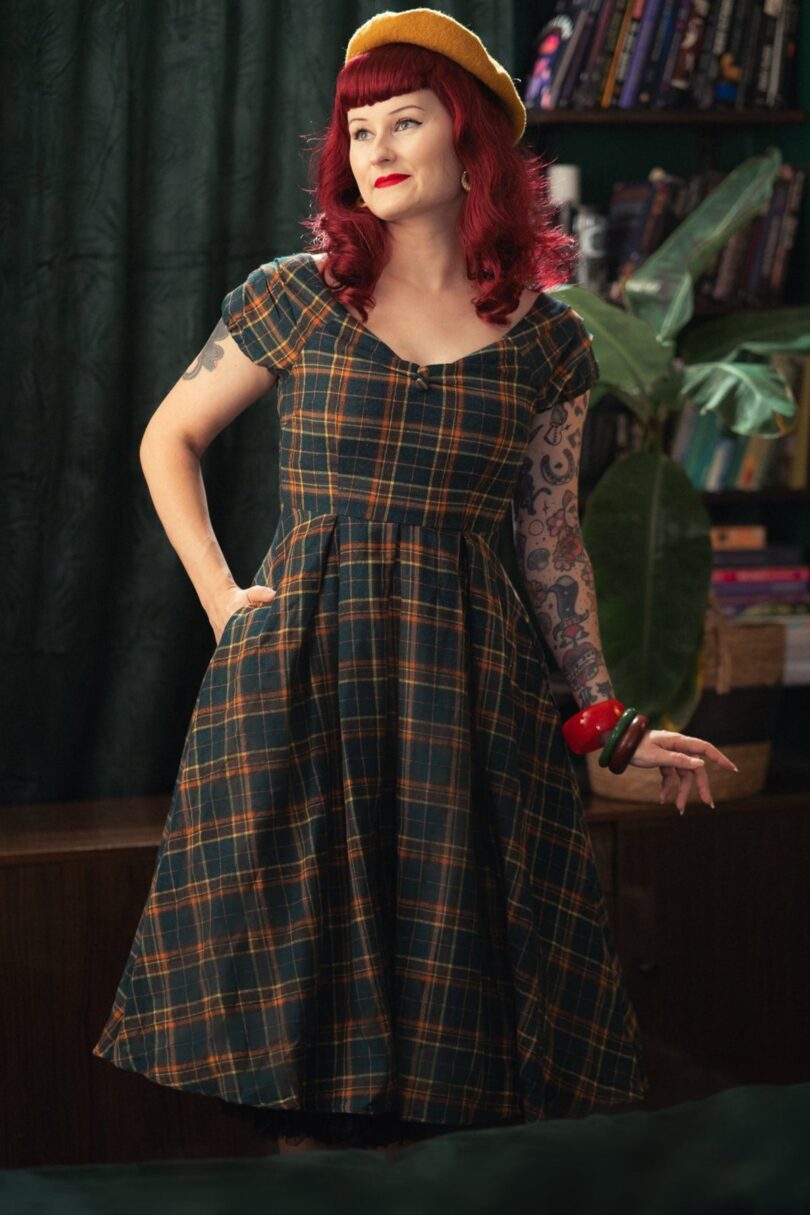Lily Off Shoulder Green Tartan Check Circle Dress  Shop now at Kitty Darling