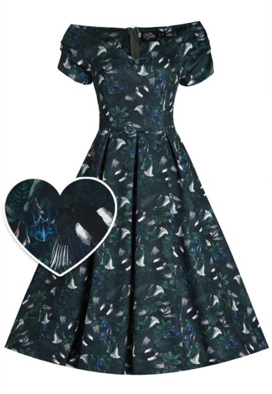 Lily Off Shoulder in Dark Green Floral and Bird Print Dress – Dresses | Kitty Darling