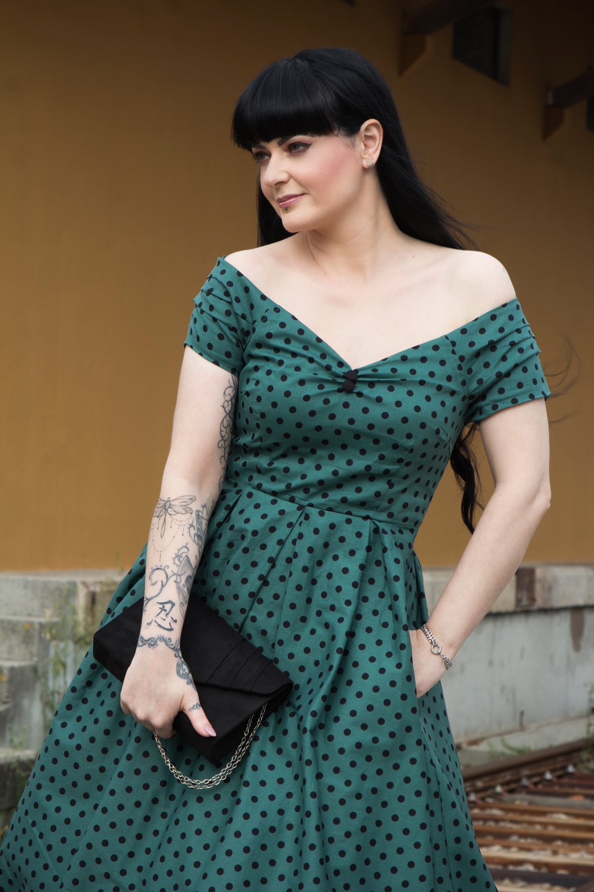 Lily Off Shoulder Olive Green Polka Dot Swing Dress Lily Off Shoulder Olive Green Polka Dot Swing Dress Shop now at Kitty Darling