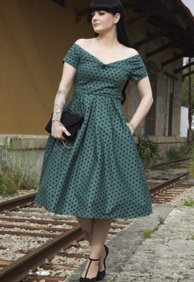 Lily Off Shoulder Olive Green Polka Dot Swing Dress – Dresses | Kitty Darling