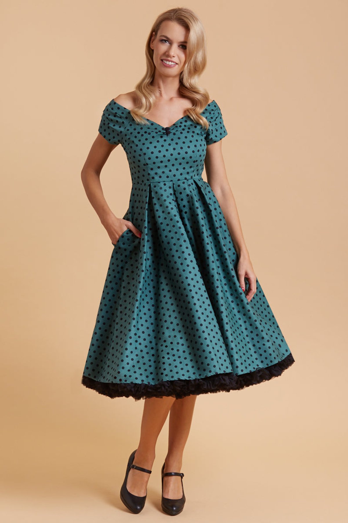 Lily Off Shoulder Olive Green Polka Dot Swing Dress Lily Off Shoulder Olive Green Polka Dot Swing Dress Shop now at Kitty Darling