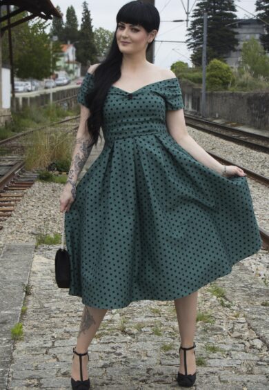 Lily Off Shoulder Olive Green Polka Dot Swing Dress – Dresses | Kitty Darling