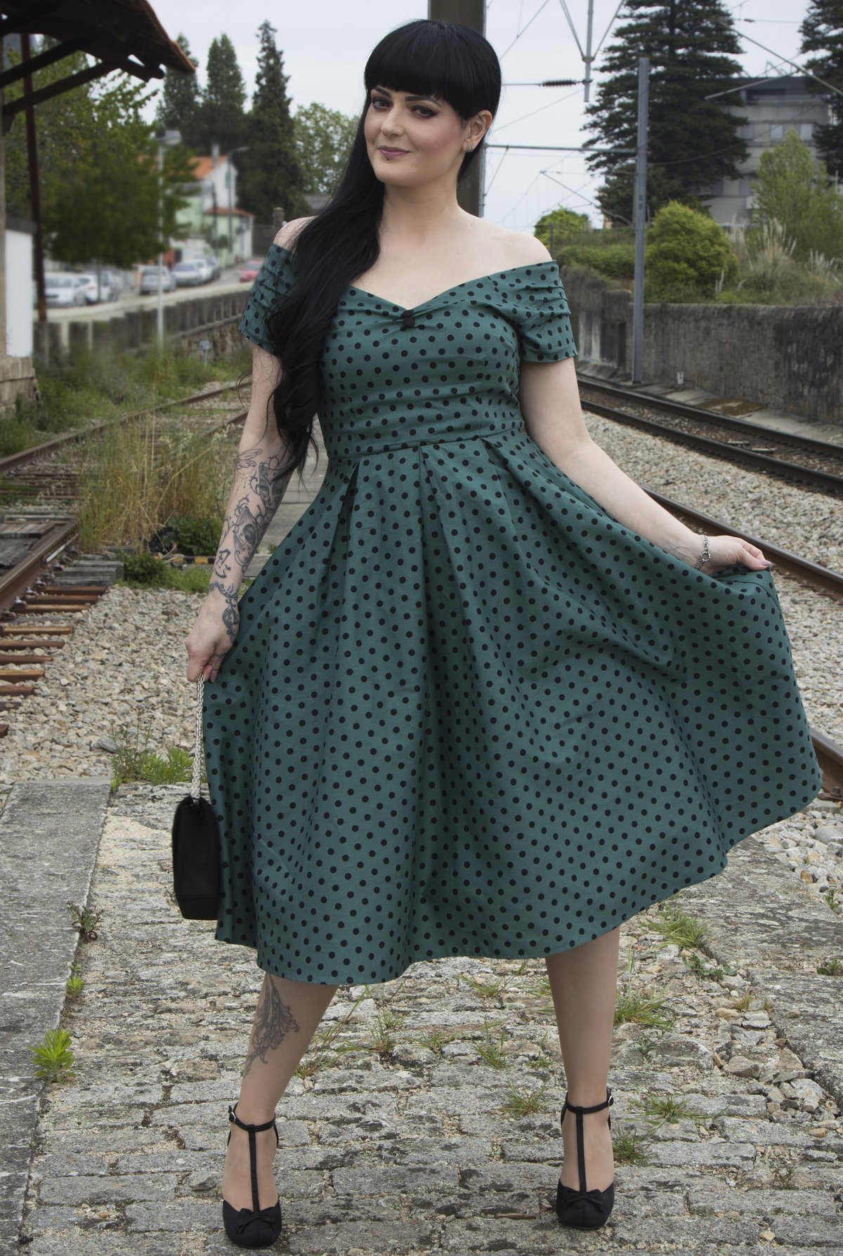 Lily Off Shoulder Olive Green Polka Dot Swing Dress Lily Off Shoulder Olive Green Polka Dot Swing Dress Shop now at Kitty Darling