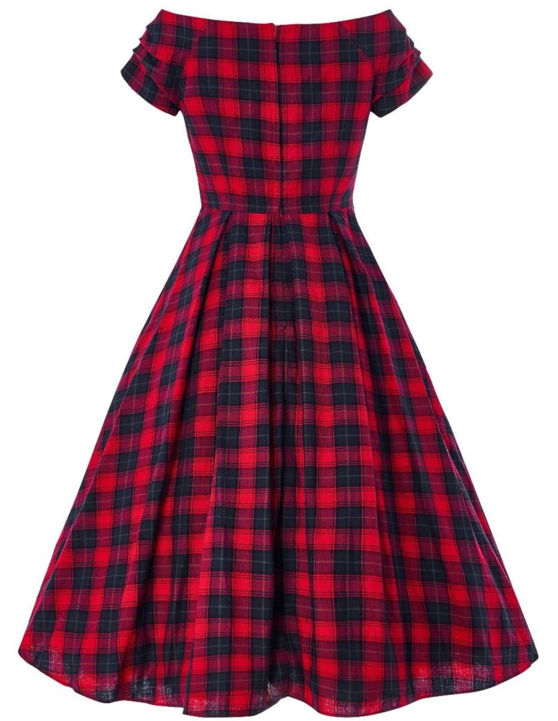 Lily Off Shoulder Swing Dress in Red Tartan  Shop now at Kitty Darling