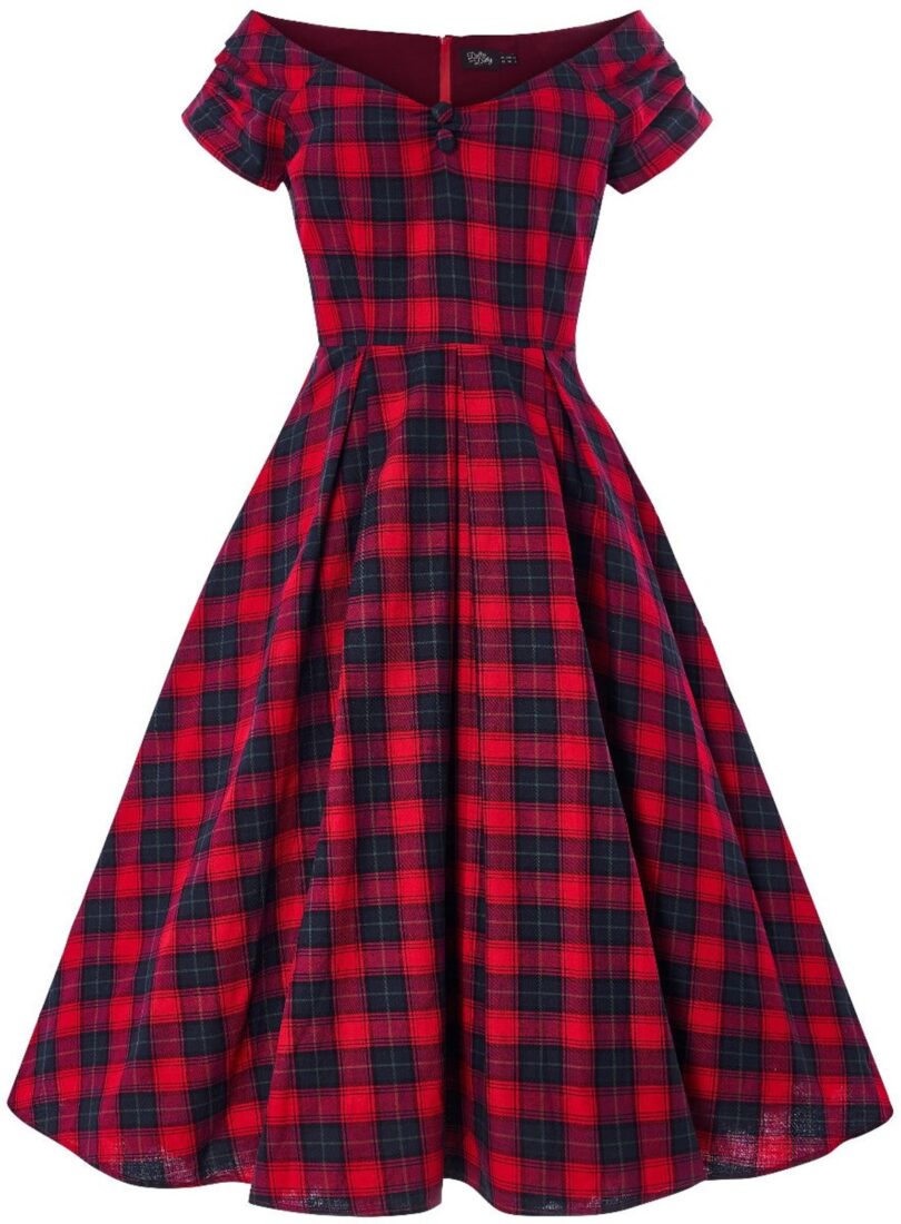 Lily Off Shoulder Swing Dress in Red Tartan  Shop now at Kitty Darling