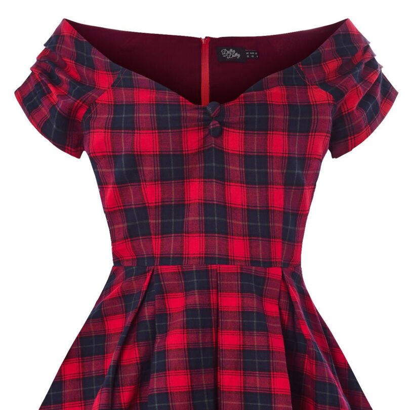 Lily Off Shoulder Swing Dress in Red Tartan  Shop now at Kitty Darling