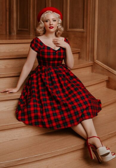 Lily Off Shoulder Swing Dress in Red Tartan – Dresses | Kitty Darling