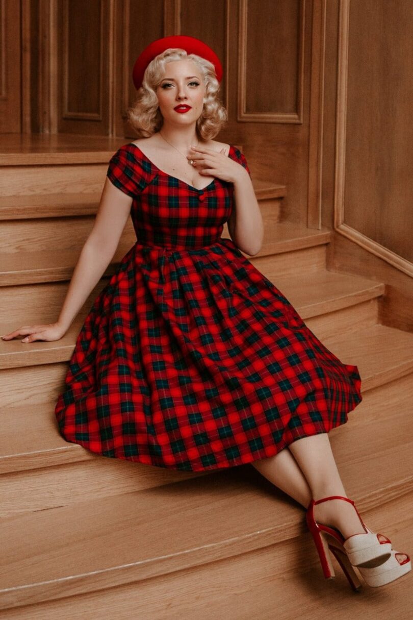 Lily Off Shoulder Swing Dress in Red Tartan  Shop now at Kitty Darling