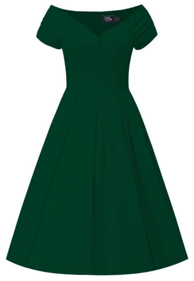 Lily Retro Off-Shoulder Swing Dress – Emerald Green – Dresses | Kitty Darling