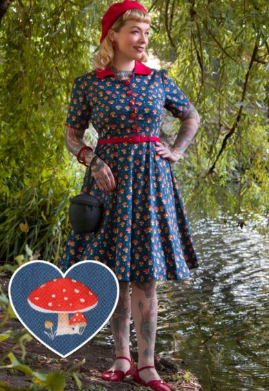 Penelope Rockabilly Navy Blue Mushroom Shirt Dress – Dresses | Kitty Darling
