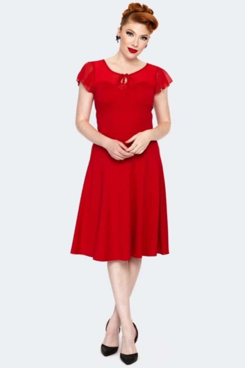 Red Tie Neck Overlay Flare Dress  Shop now at Kitty Darling