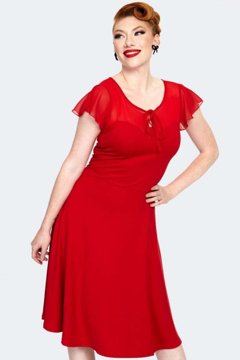 Red Tie Neck Overlay Flare Dress  Shop now at Kitty Darling