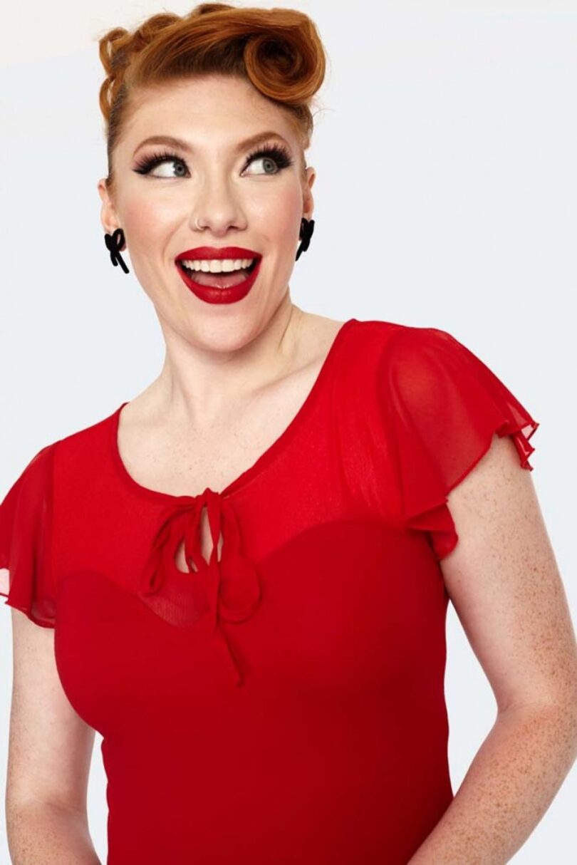 Red Tie Neck Overlay Flare Dress  Shop now at Kitty Darling