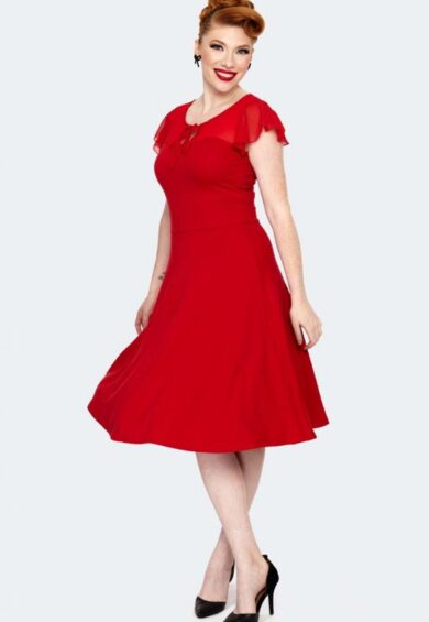 Red Tie Neck Overlay Flare Dress – Dresses | Kitty Darling
