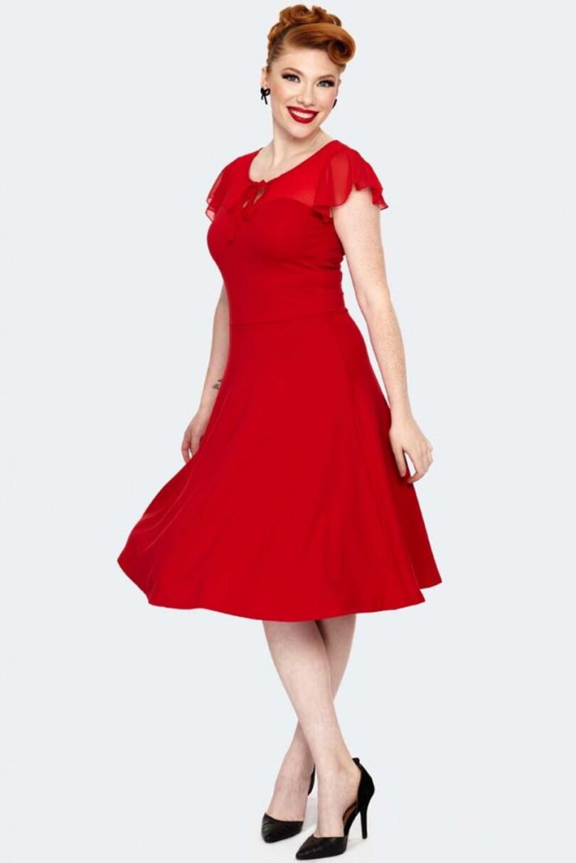 Red Tie Neck Overlay Flare Dress  Shop now at Kitty Darling