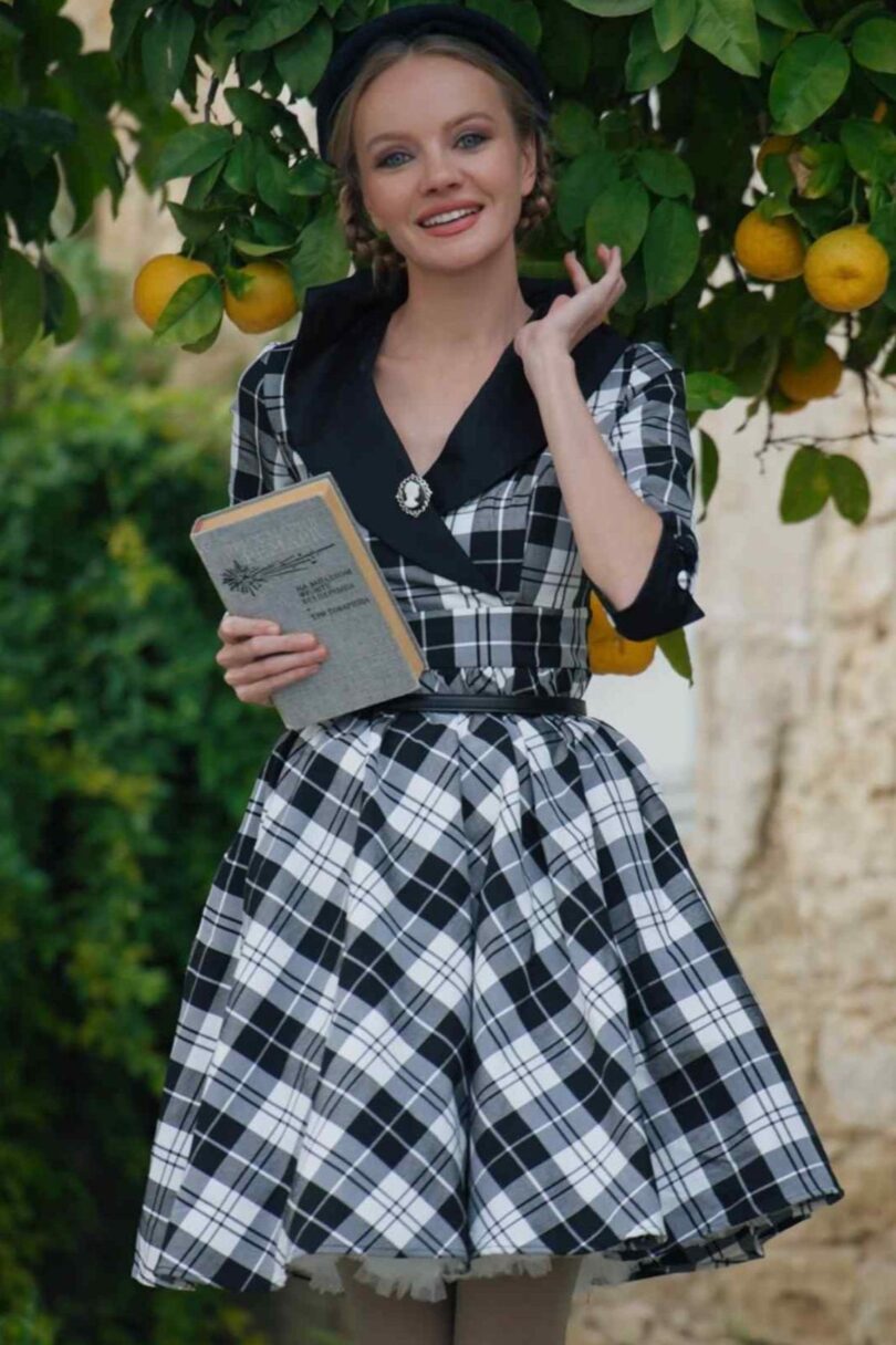 Tiffany 50's Black Tartan Coat Dress  Shop now at Kitty Darling