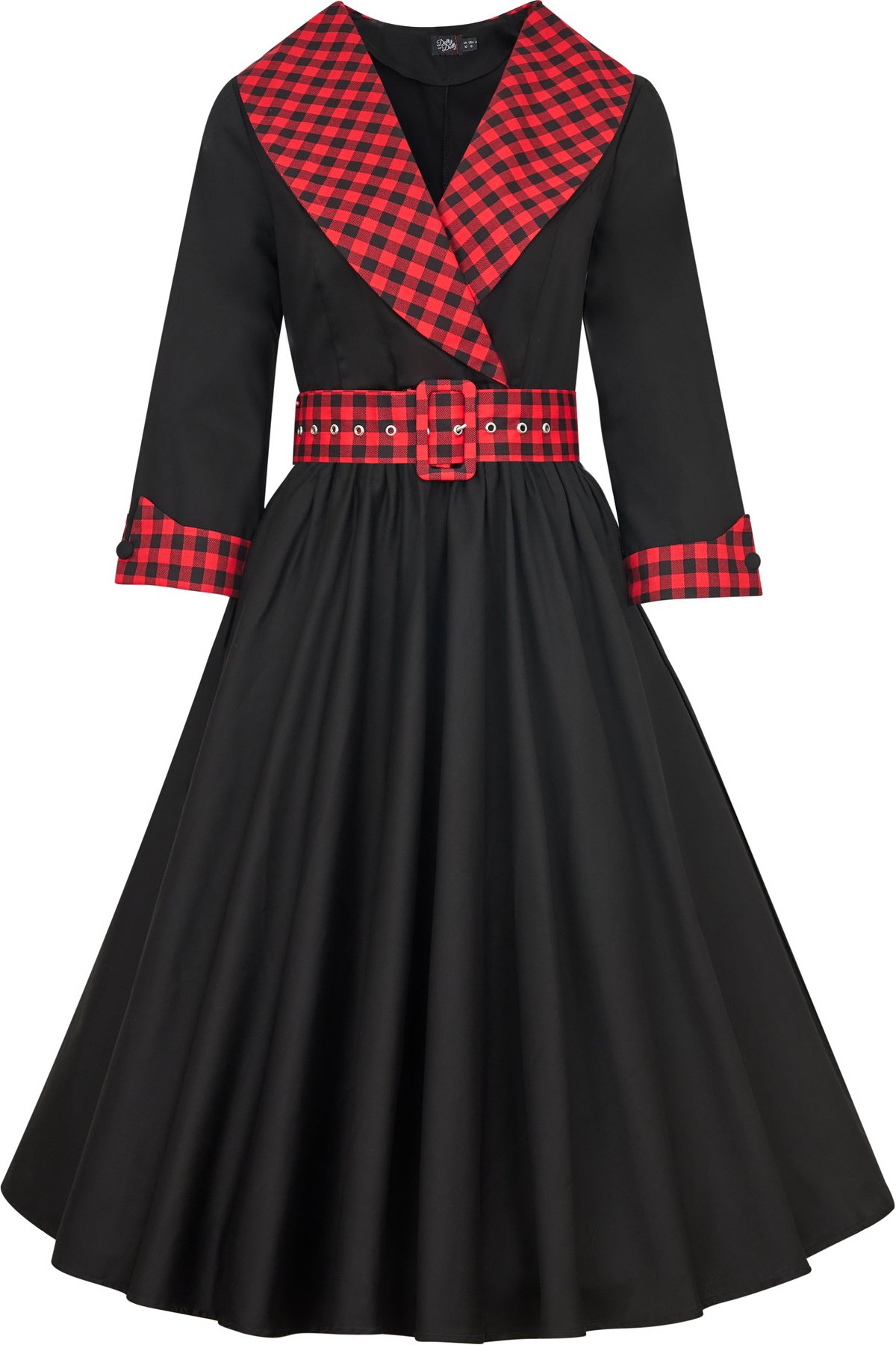 Tiffany 50's Black with Red Tartan Collar Coat Dress Tiffany 50's Black with Red Tartan Collar Coat Dress Shop now at Kitty Darling