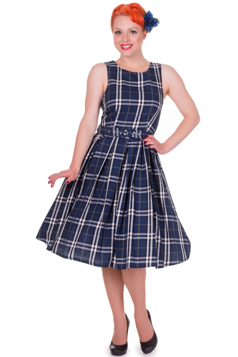 Annie Retro Check Swing Dress in Navy Blue  Shop now at Kitty Darling