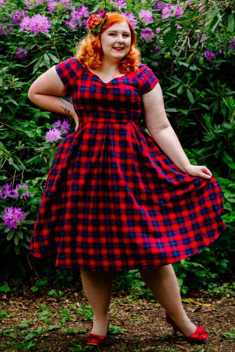 Lily Off Shoulder Swing Dress in Red Tartan  Shop now at Kitty Darling