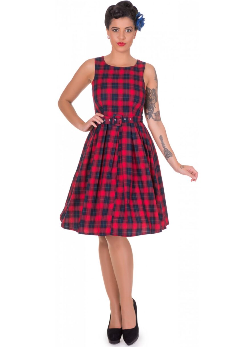 Annie Retro Check Swing Dress in Red/Blue  Shop now at Kitty Darling