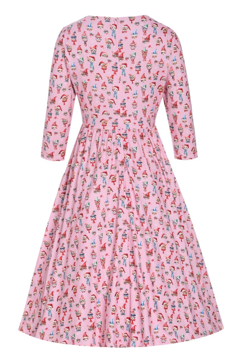 Billie Pink V-neckline Xmas Cat Print Long-Sleeved Dress  Shop now at Kitty Darling