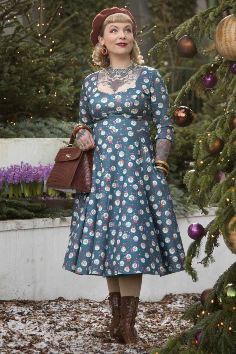 Scarlette Long-Sleeved Stretchy Blue Dress with Snow globe Print  Shop now at Kitty Darling