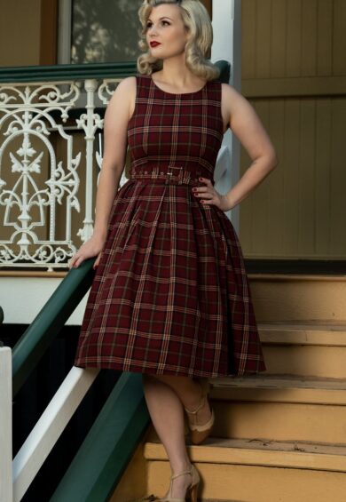 Annie Retro Burgundy Tartan Swing Dress – New In | Kitty Darling
