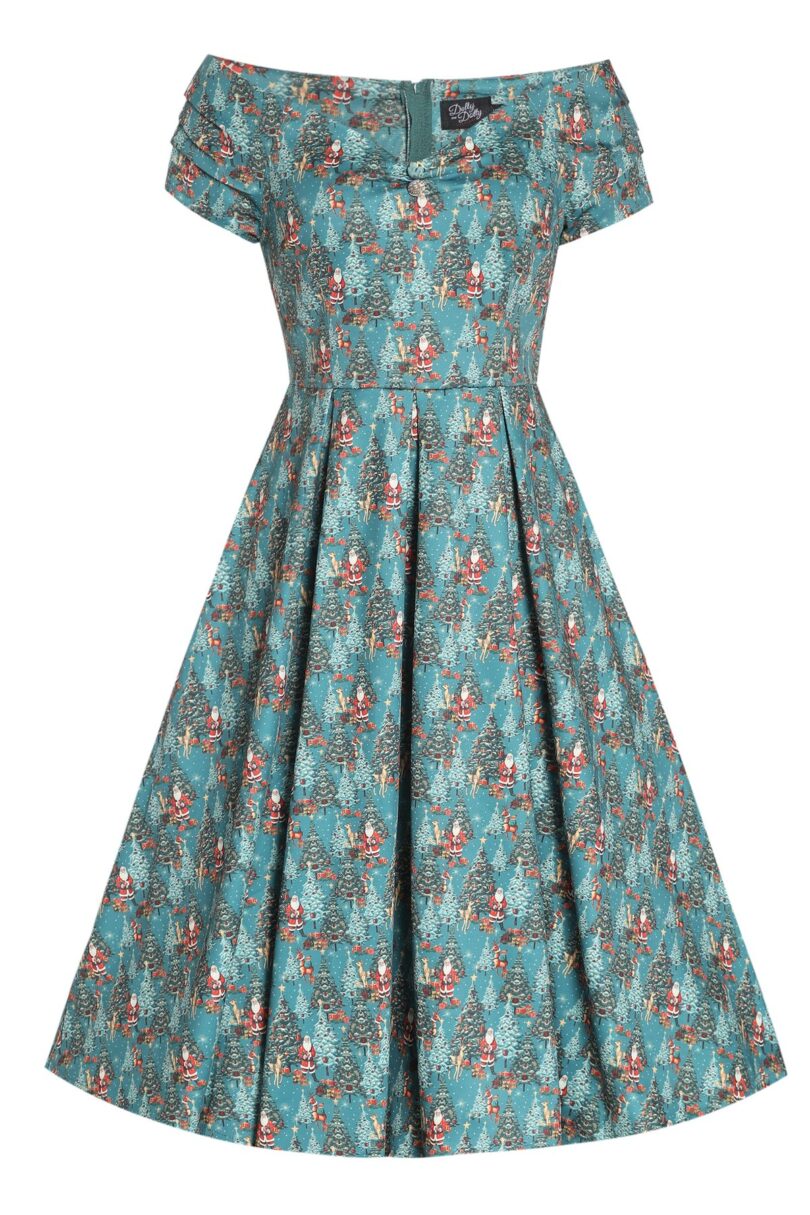 Lily Teal Off Shoulder Santa Claus Print Christmas Dress  Shop now at Kitty Darling